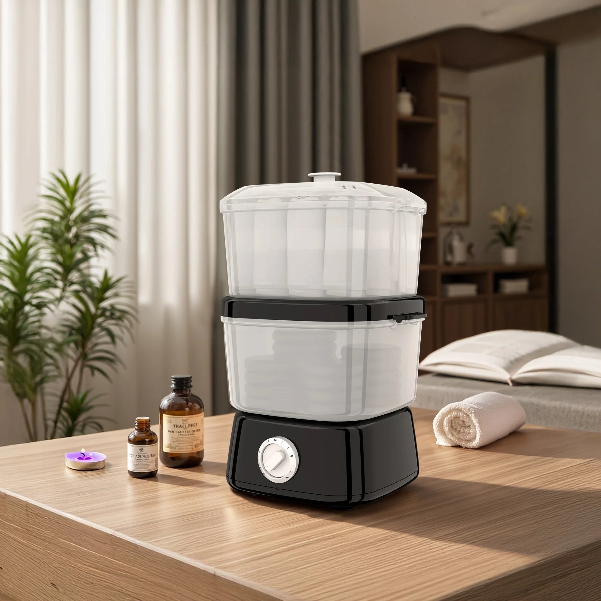 Electric towel steamer with rotary timer, featuring a compact double-layer design ideal for mini towels, showcasing clear chambers for easy visibility. 0