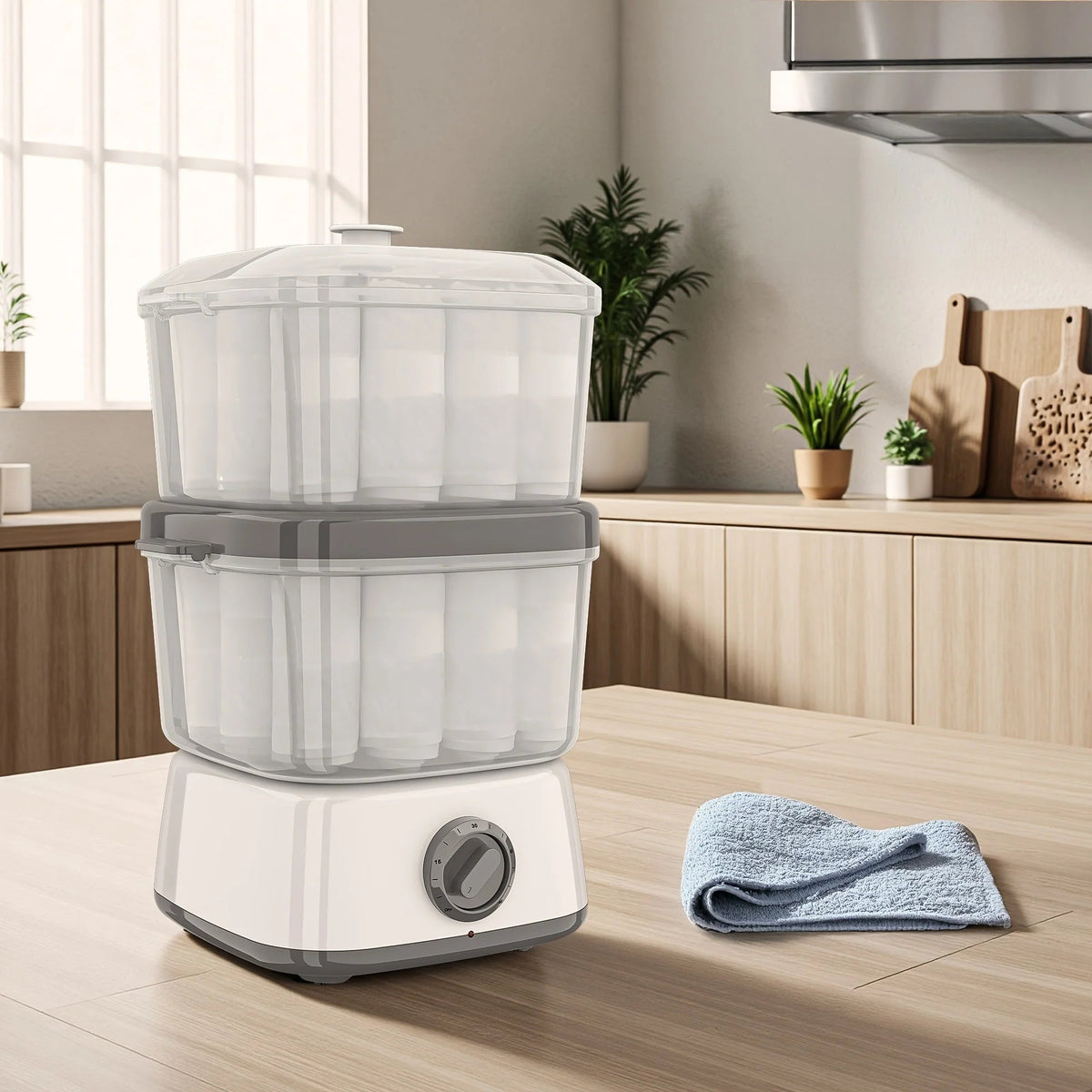 Electric towel steamer with rotary timer, featuring a compact double-layer design ideal for mini towels, showcasing clear chambers for easy visibility. 1
