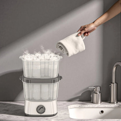Electric towel steamer with rotary timer, featuring a compact double-layer design ideal for mini towels, showcasing clear chambers for easy visibility. 2
