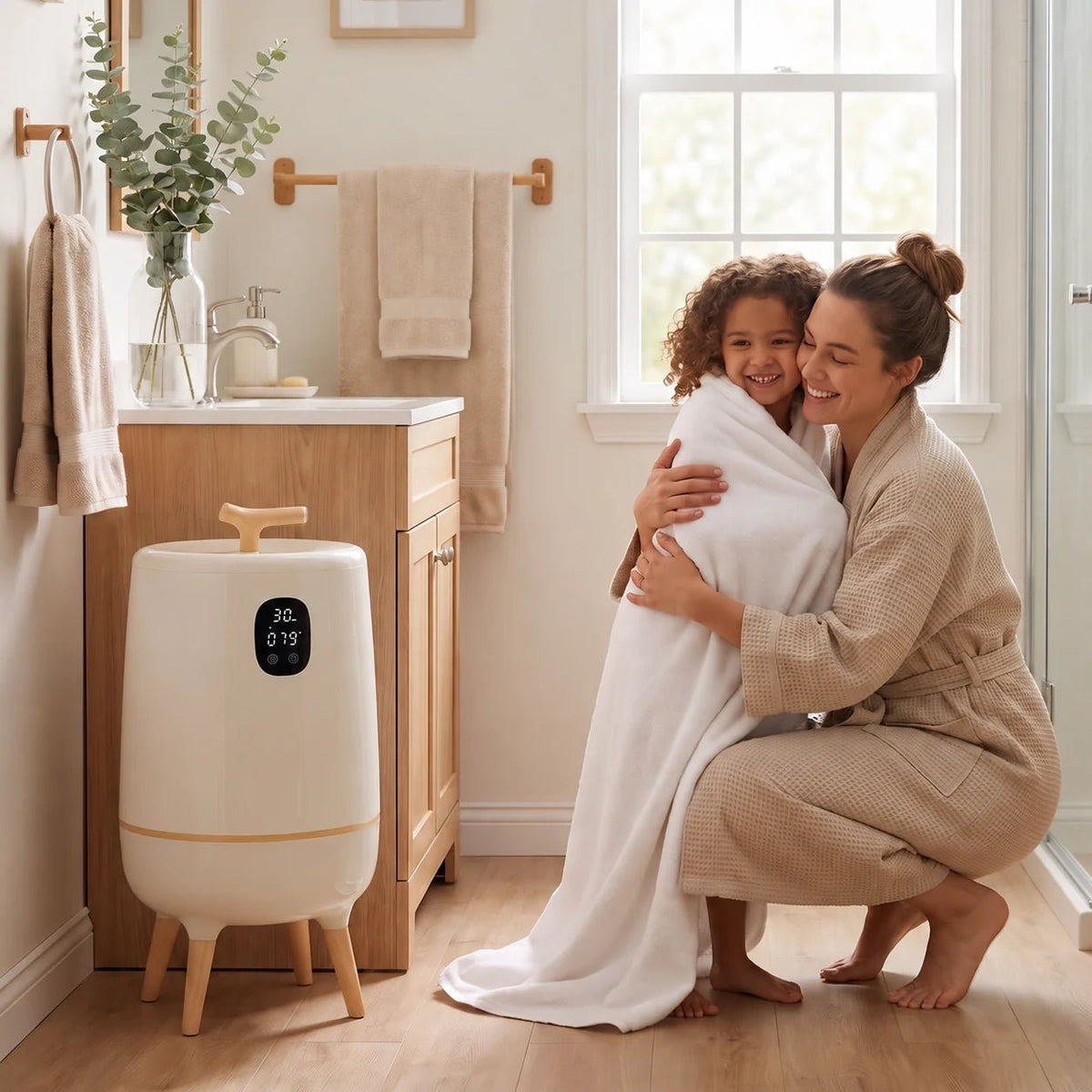Electric towel warmer bucket with adjustable timer and aroma slot, 20L freestanding design perfect for cozy, heated towels and relaxation. 1