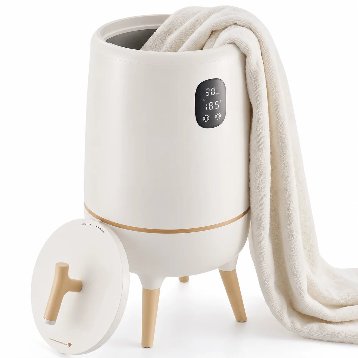 Electric towel warmer bucket with adjustable timer and aroma slot, 20L freestanding design perfect for cozy, heated towels and relaxation. 0