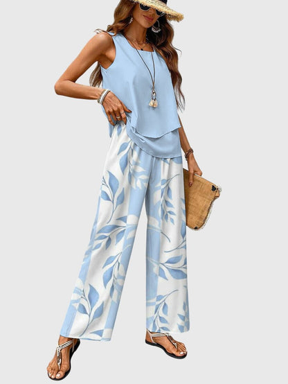 Elegant 2-Piece Summer Set featuring a square neckline and a stylish blue plant print, perfect for warm-weather outings. 1