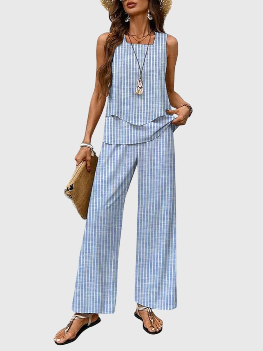 Elegant 2-Piece Summer Set featuring a square neckline and a stylish blue plant print, perfect for warm-weather outings. 6