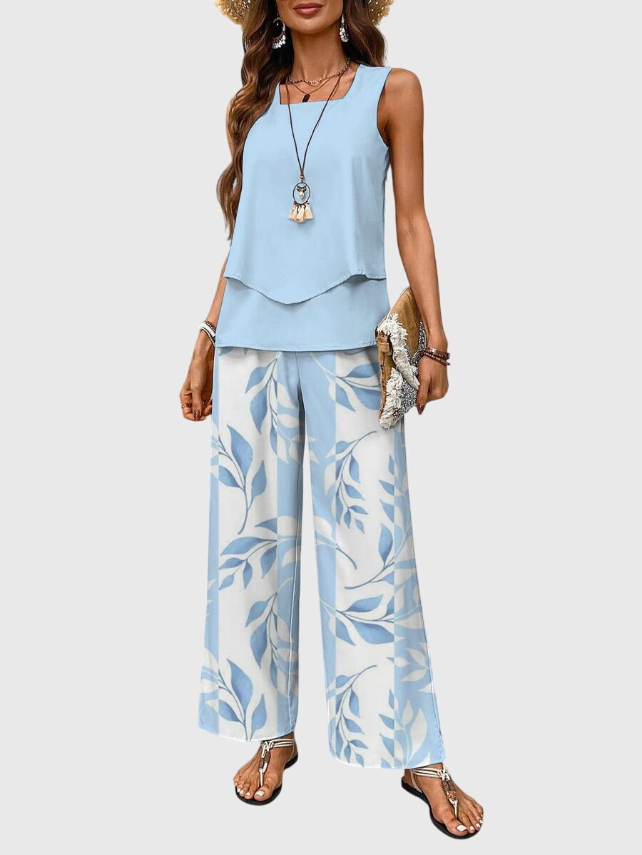 Elegant 2-Piece Summer Set featuring a square neckline and a stylish blue plant print, perfect for warm-weather outings. 0