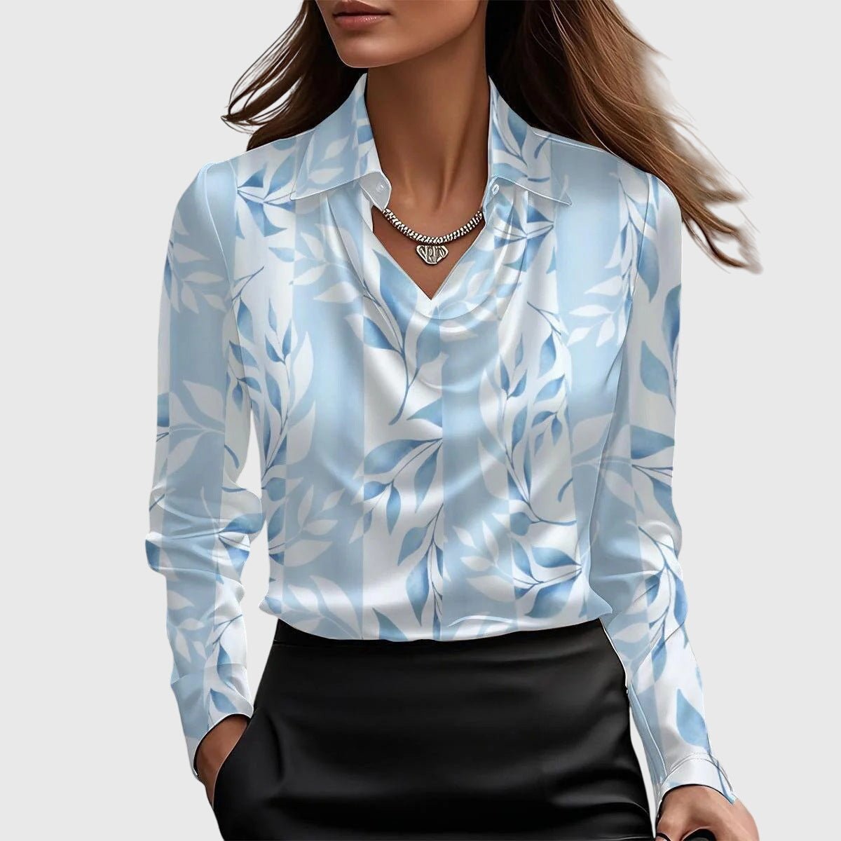 Elegant blouse featuring flattering draping and a flowing fit for women, designed in a luxe shine fabric for versatile style and sophistication. 4