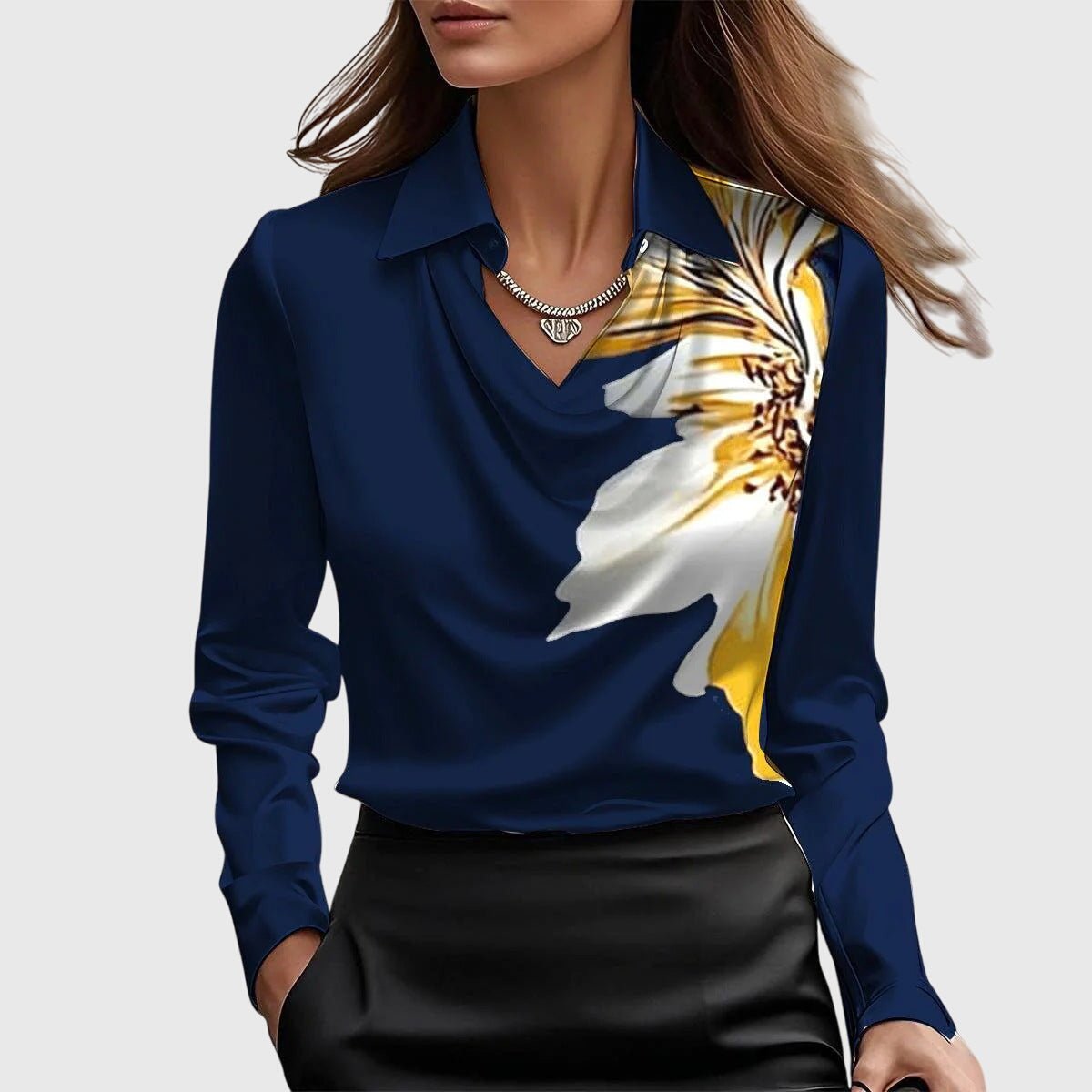 Elegant blouse featuring a pleated neckline and a flowing fit, perfect for versatile women's fashion. 7