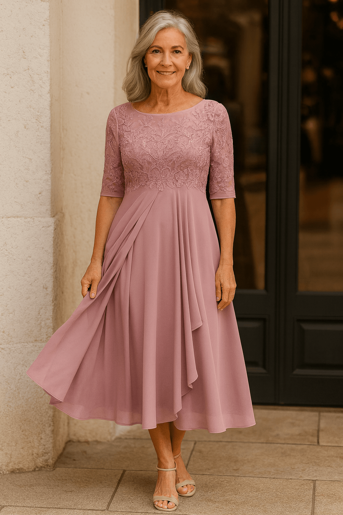 Elegant lace dress featuring a layered skirt, perfect for weddings and formal occasions, crafted from lightweight fabric for comfort and style. 1