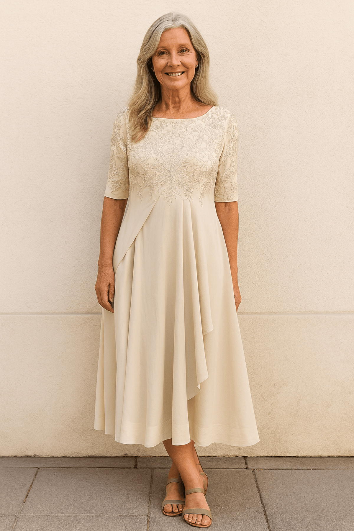 Elegant lace dress featuring a layered skirt, perfect for weddings and formal occasions, crafted from lightweight fabric for comfort and style. 2