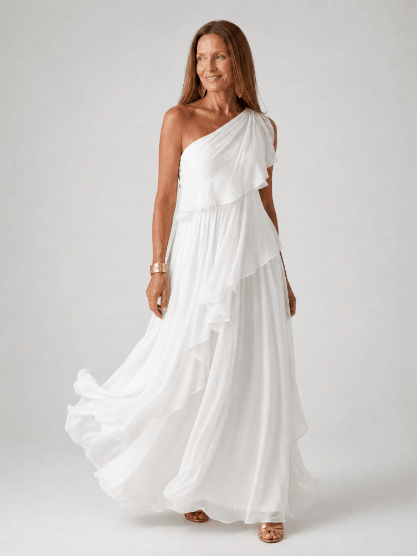 Elegant maxi dress featuring cascading ruffles and a stylish one-shoulder design, made from lightweight soft fabric, perfect for special occasions and summer outings. 7