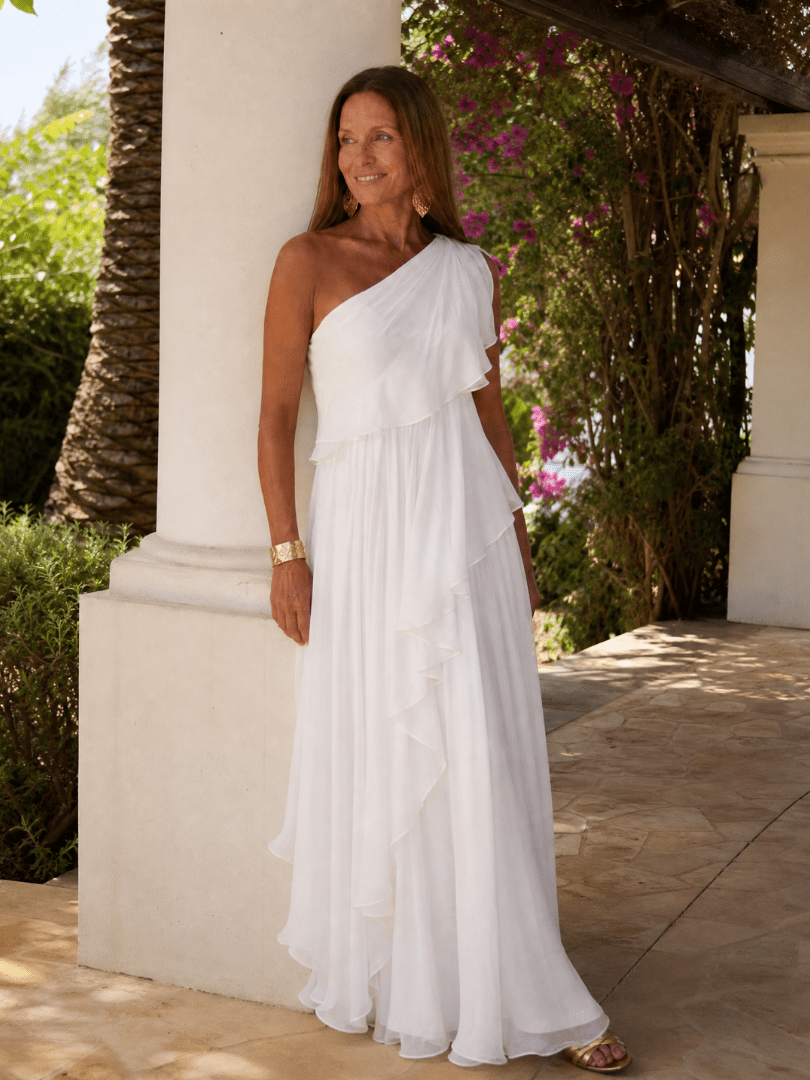 Elegant maxi dress featuring cascading ruffles and a stylish one-shoulder design, made from lightweight soft fabric, perfect for special occasions and summer outings. 8