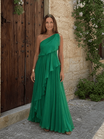 Elegant maxi dress featuring cascading ruffles and a stylish one-shoulder design, made from lightweight soft fabric, perfect for special occasions and summer outings. 4