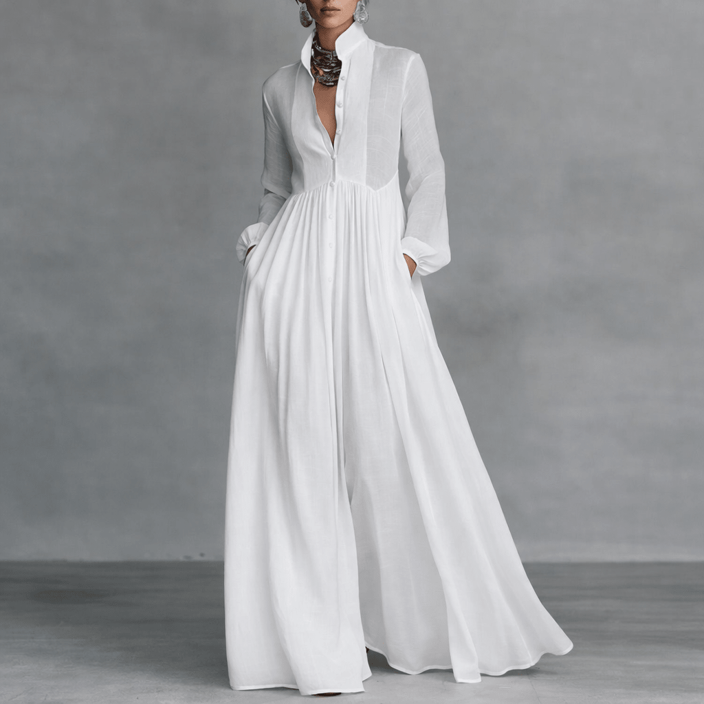Elegant maxi dress featuring a flattering silhouette, made from lightweight fabric, with long sleeves and a classic white color, perfect for both casual outings and special occasions 0