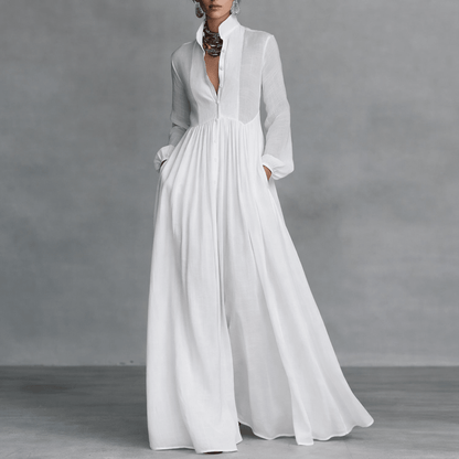 Elegant maxi dress featuring a flattering silhouette, made from lightweight fabric, with long sleeves and a classic white color, perfect for both casual outings and special occasions 0