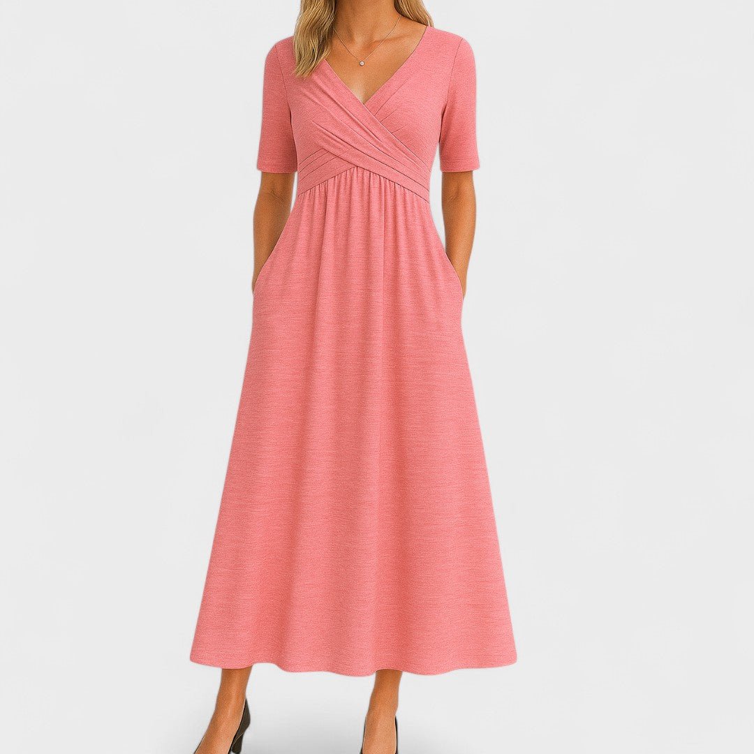 Elegant Midi Dress with Elbow-Length Sleeves and Pockets – Flattering Surplice V-Neck Design 6