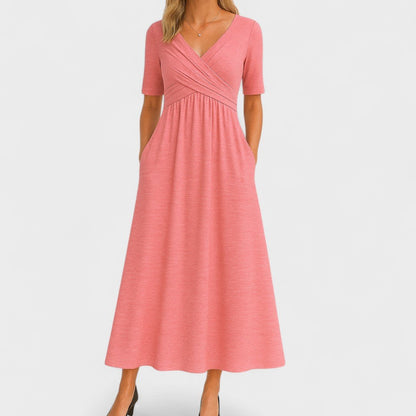 Elegant Midi Dress with Elbow-Length Sleeves and Pockets – Flattering Surplice V-Neck Design 6