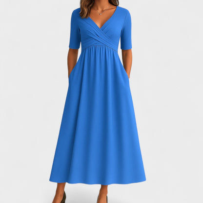 Elegant Midi Dress with Elbow-Length Sleeves and Pockets – Flattering Surplice V-Neck Design 3