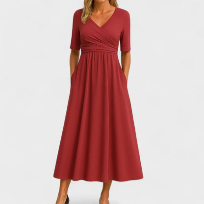 Elegant Midi Dress with Elbow-Length Sleeves and Pockets – Flattering Surplice V-Neck Design 5