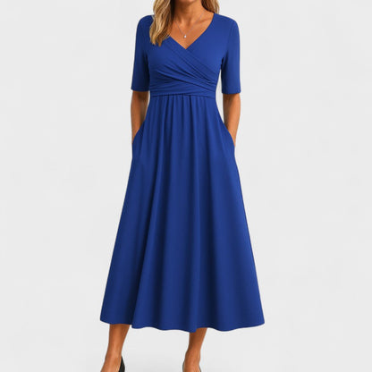 Elegant Midi Dress with Elbow-Length Sleeves and Pockets – Flattering Surplice V-Neck Design 2