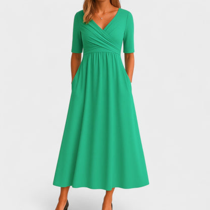 Elegant Midi Dress with Elbow-Length Sleeves and Pockets – Flattering Surplice V-Neck Design 4