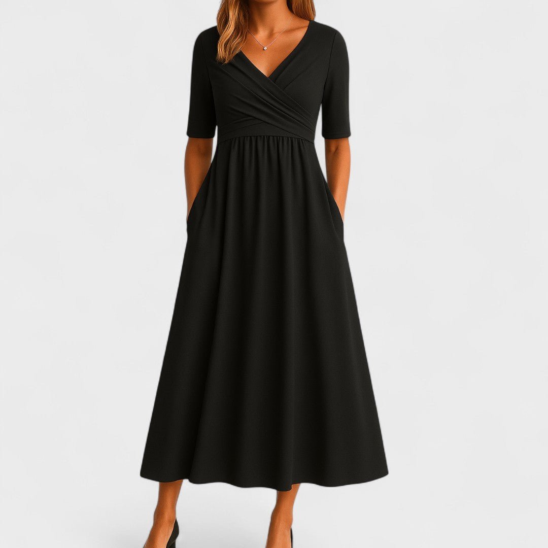 Elegant midi dress featuring a flattering fit, practical pockets, and a stylish surplice V-neckline, perfect for any occasion. 1