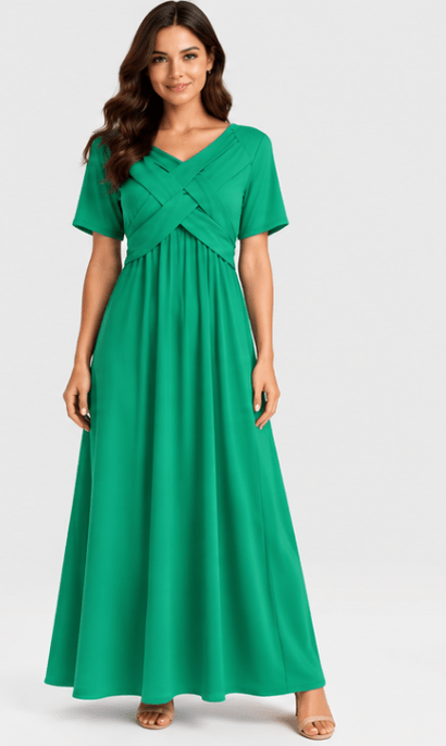 Elegant Midi Dress with Sleeves and Pockets – Flattering Surplice V-Neck Design