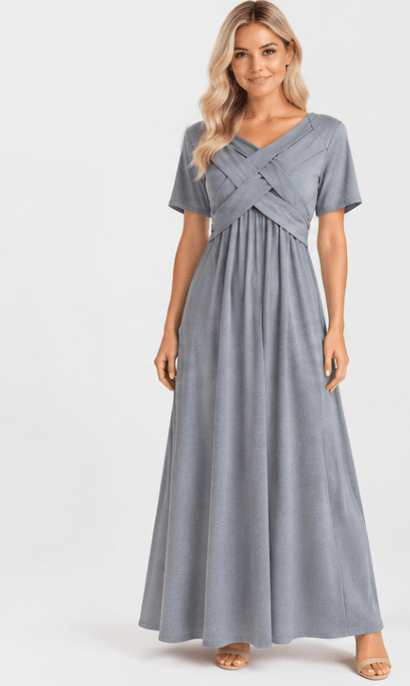 Elegant Midi Dress with Sleeves and Pockets – Flattering Surplice V-Neck Design