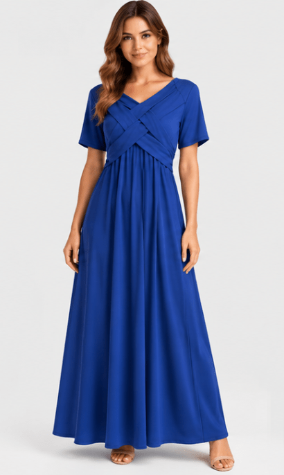 Elegant Midi Dress with Sleeves and Pockets – Flattering Surplice V-Neck Design