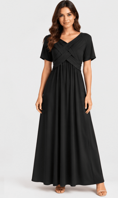 Elegant Midi Dress with Sleeves and Pockets – Flattering Surplice V-Neck Design