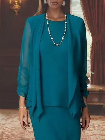 Elegant mother of the bride dress set featuring a floor-length chiffon sheath, scoop neck design, long sleeves, and a stylish matching jacket. 4
