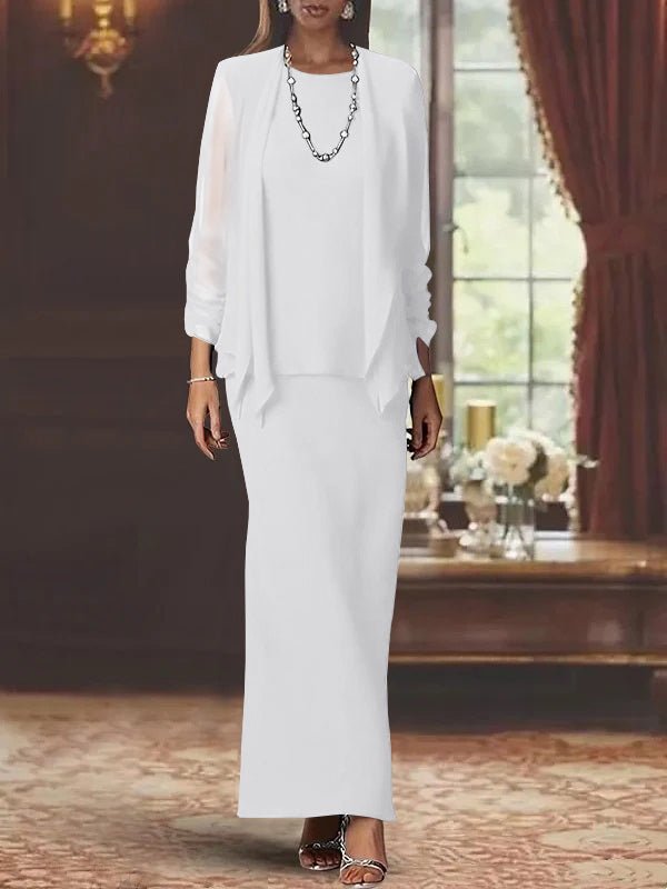 Elegant mother of the bride dress set featuring a floor-length chiffon sheath, scoop neck design, long sleeves, and a stylish matching jacket. 42