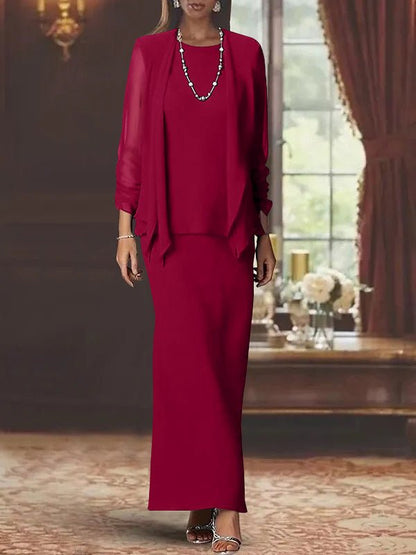 Elegant mother of the bride dress set featuring a floor-length chiffon sheath, scoop neck design, long sleeves, and a stylish matching jacket. 17
