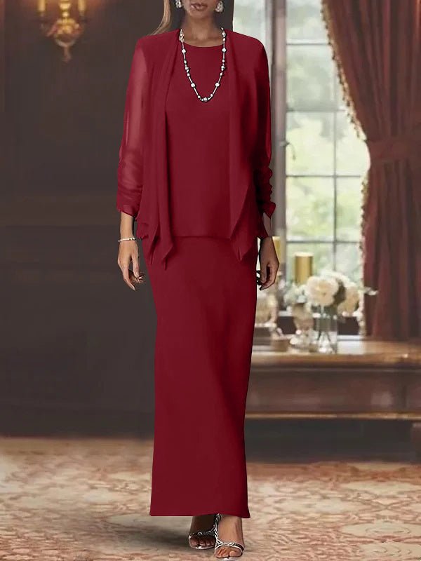 Elegant mother of the bride dress set featuring a floor-length chiffon sheath, scoop neck design, long sleeves, and a stylish matching jacket. 33