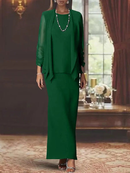 Elegant mother of the bride dress set featuring a floor-length chiffon sheath, scoop neck design, long sleeves, and a stylish matching jacket. 55