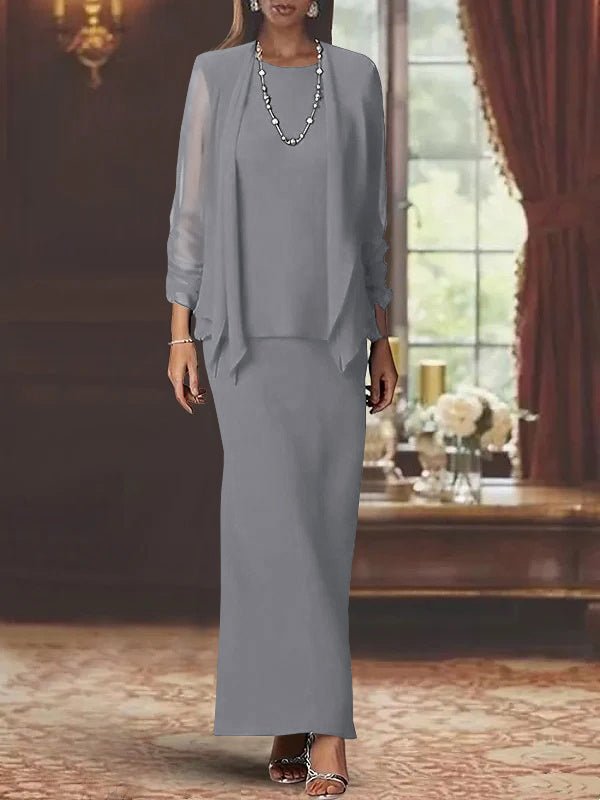 Elegant mother of the bride dress set featuring a floor-length chiffon sheath, scoop neck design, long sleeves, and a stylish matching jacket. 58