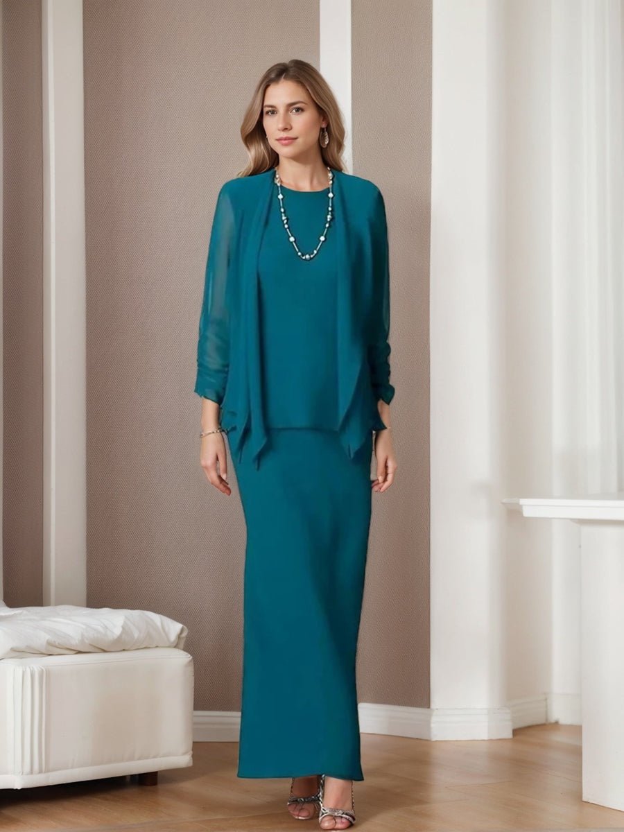 Elegant mother of the bride dress set featuring a floor-length chiffon sheath, scoop neck design, long sleeves, and a stylish matching jacket. 5