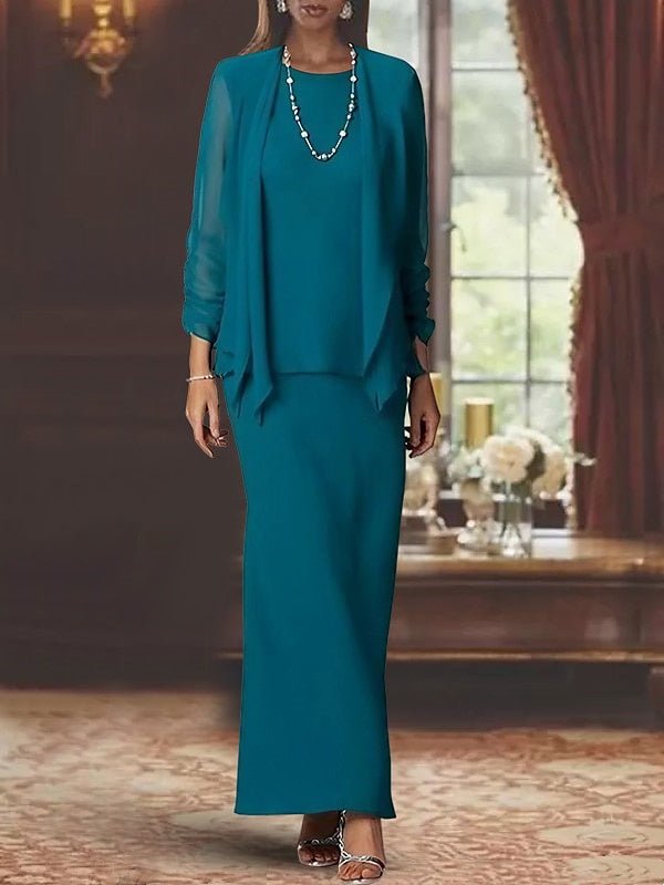Elegant mother of the bride dress set featuring a floor-length chiffon sheath, scoop neck design, long sleeves, and a stylish matching jacket. 0