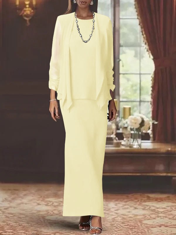 Elegant mother of the bride dress set featuring a floor-length chiffon sheath, scoop neck design, long sleeves, and a stylish matching jacket. 34