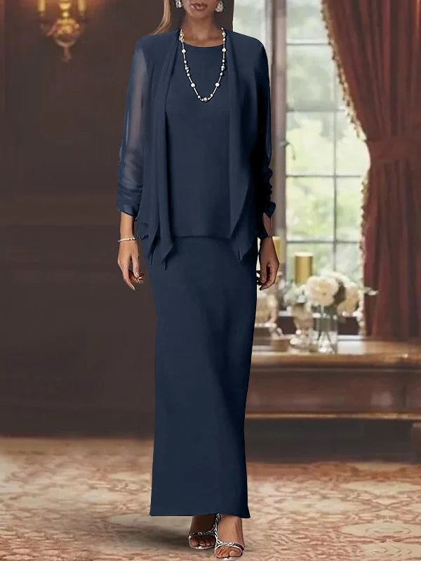 Elegant mother of the bride dress set featuring a floor-length chiffon sheath, scoop neck design, long sleeves, and a stylish matching jacket. 7