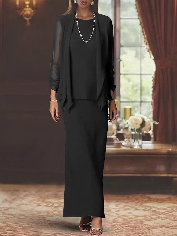 Elegant mother of the bride dress set featuring a floor-length chiffon sheath, scoop neck design, long sleeves, and a stylish matching jacket. 6