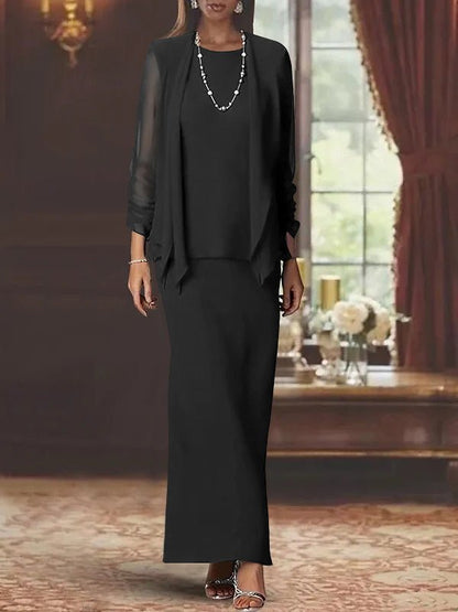 Elegant mother of the bride dress set featuring a floor-length chiffon sheath, scoop neck design, long sleeves, and a stylish matching jacket. 6