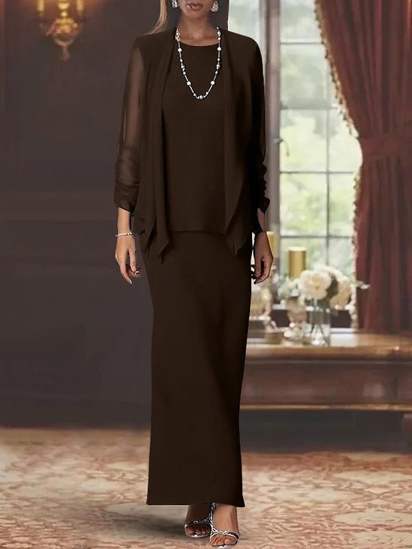 Elegant mother of the bride dress set featuring a floor-length chiffon sheath, scoop neck design, long sleeves, and a stylish matching jacket. 31