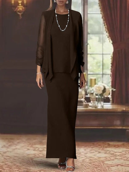 Elegant mother of the bride dress set featuring a floor-length chiffon sheath, scoop neck design, long sleeves, and a stylish matching jacket. 31
