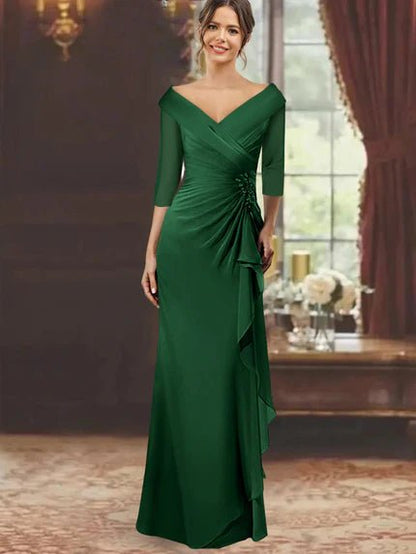 Elegant Mother of the Bride Dress with Ruffles and Appliques – Floor-Length Chiffon V-Neck Half Sleeves