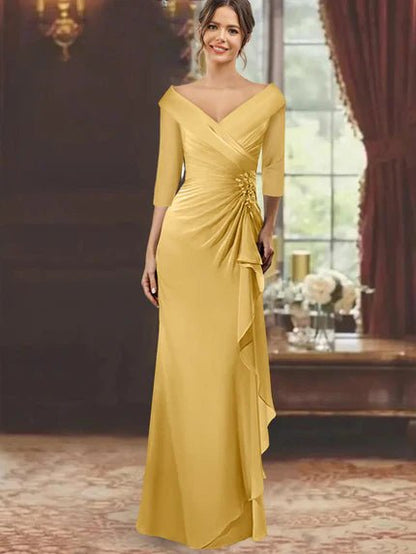 Elegant Mother of the Bride Dress with Ruffles and Appliques – Floor-Length Chiffon V-Neck Half Sleeves