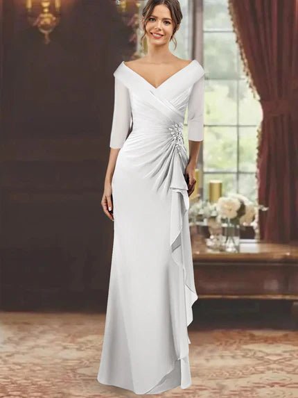 Elegant Mother of the Bride Dress with Ruffles and Appliques – Floor-Length Chiffon V-Neck Half Sleeves
