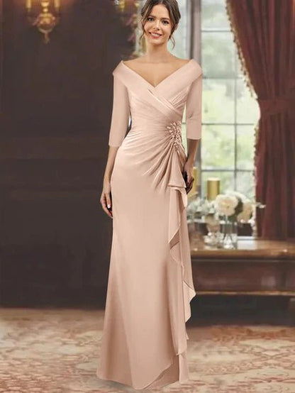Elegant Mother of the Bride Dress with Ruffles and Appliques – Floor-Length Chiffon V-Neck Half Sleeves