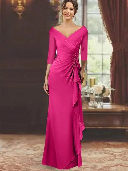 Elegant Mother of the Bride Dress with Ruffles and Appliques – Floor-Length Chiffon V-Neck Half Sleeves
