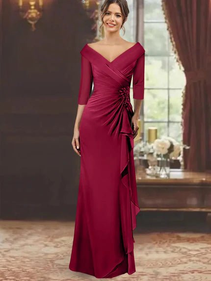 Elegant Mother of the Bride Dress with Ruffles and Appliques – Floor-Length Chiffon V-Neck Half Sleeves