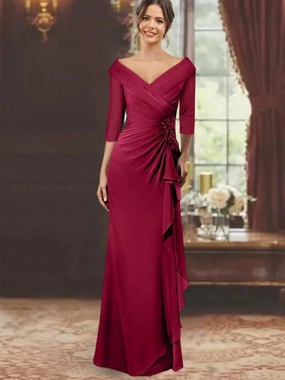 Elegant Mother of the Bride Dress with Ruffles and Appliques – Floor-Length Chiffon V-Neck Half Sleeves