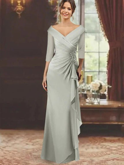 Elegant Mother of the Bride Dress with Ruffles and Appliques – Floor-Length Chiffon V-Neck Half Sleeves